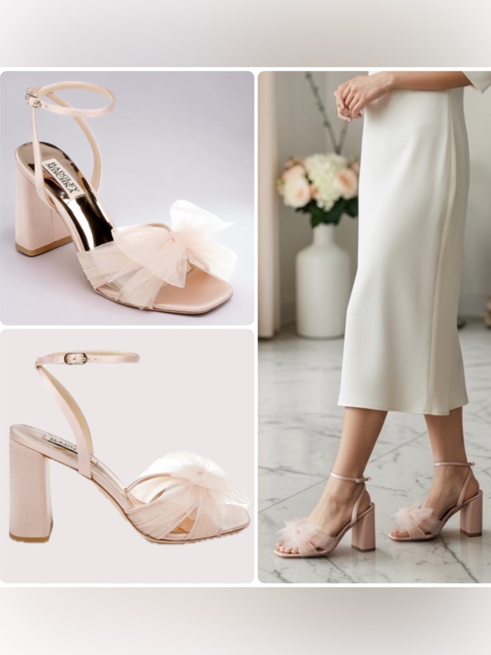 Badgley Mischka Tess Blush Pink Tulle Bow Ankle-Strap Heels Sandals NWOB $215